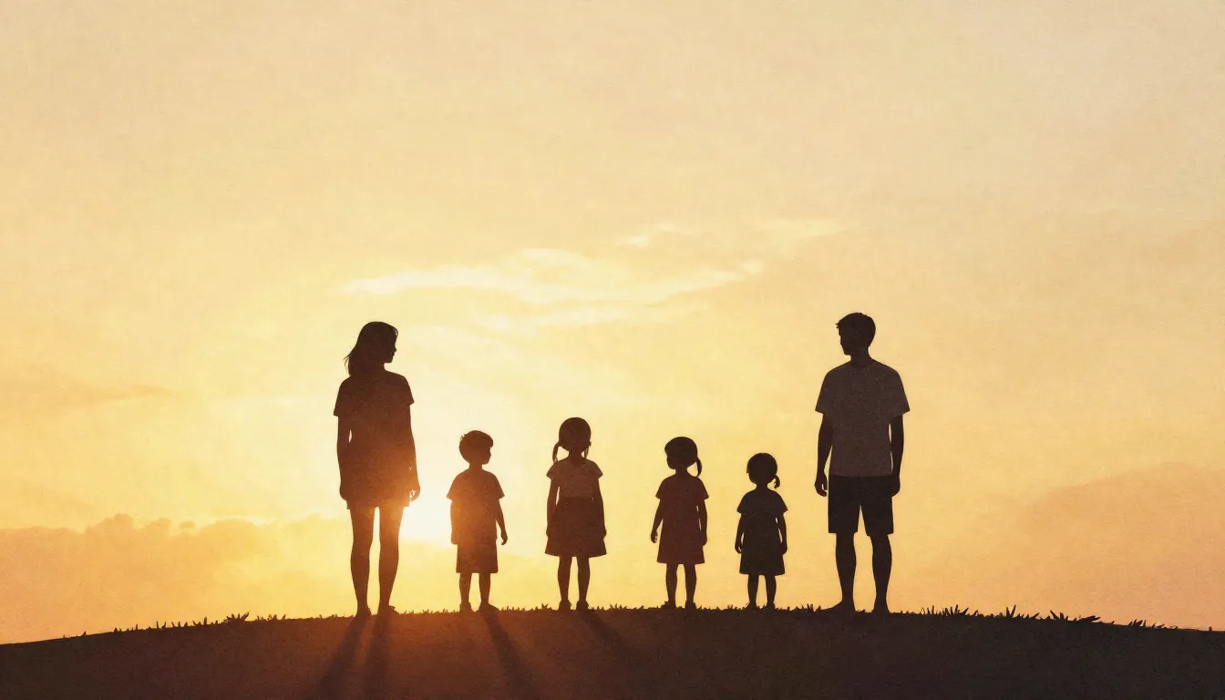 Watercolor style. Silhouettes of two adults and four childre...