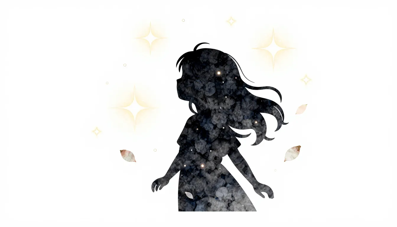 Watercolor style. Silhouette of a joyful girl surrounded by ...