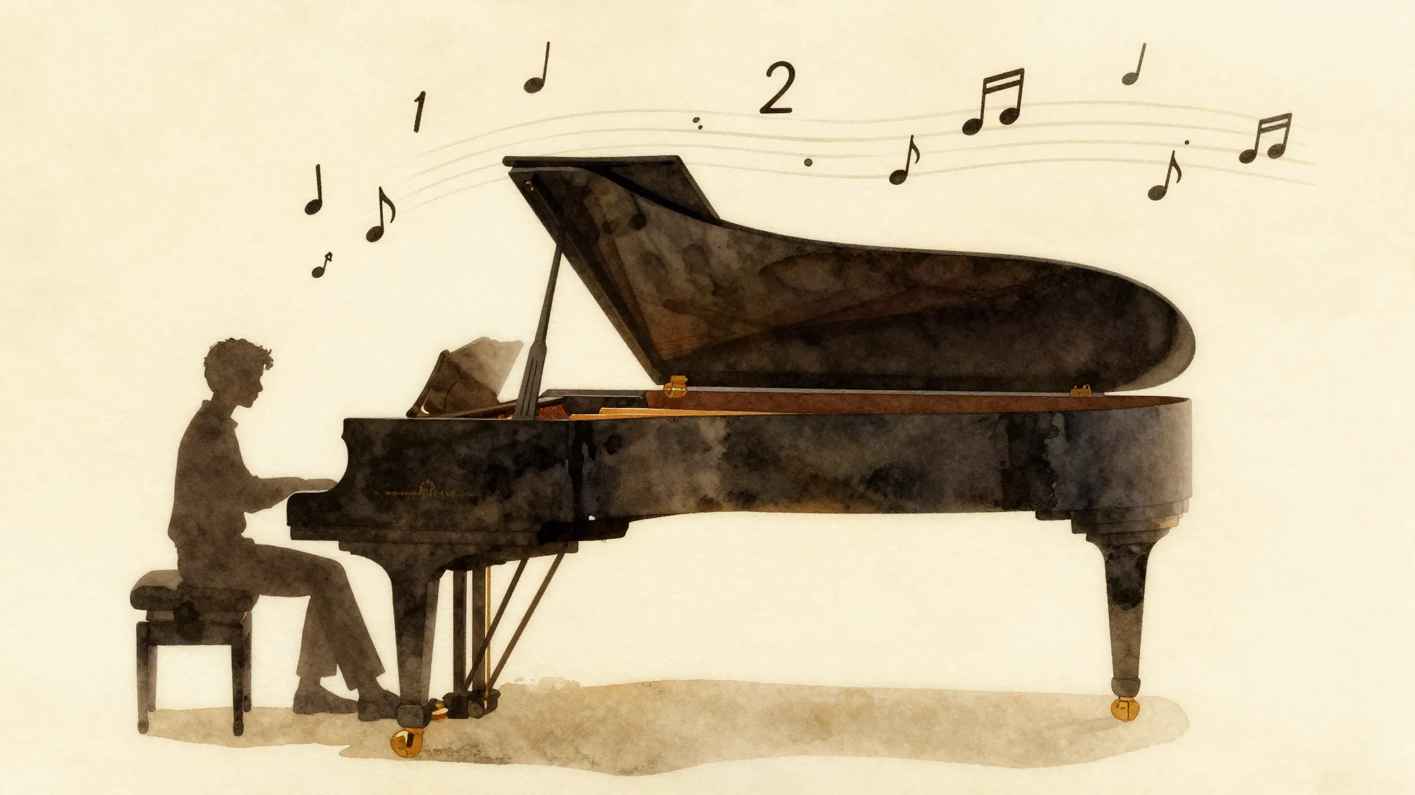 Watercolor style. Silhouette of a grand piano and a person, ...