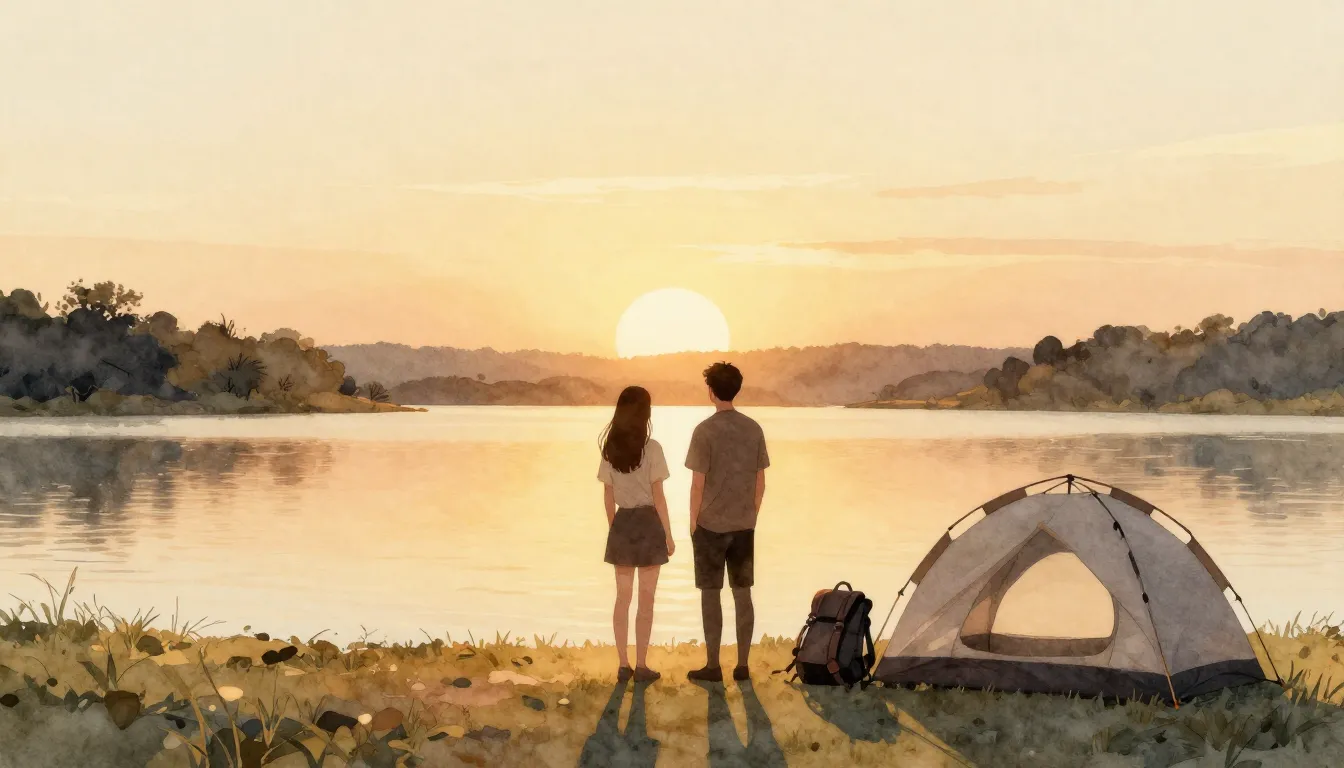 Watercolor style. A silhouette of a couple standing by a cal...