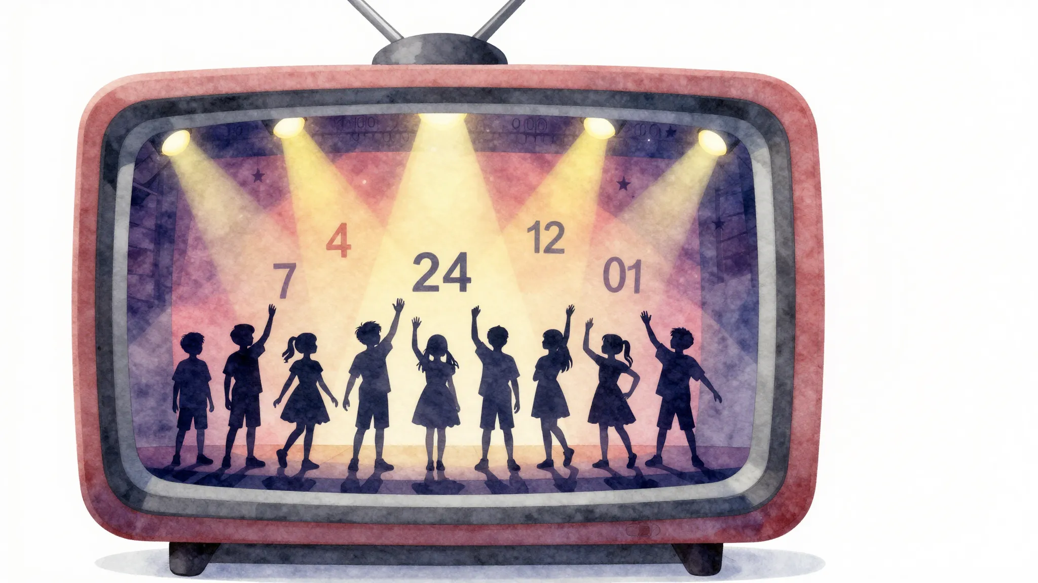 Watercolor style. Silhouette of children on a stage inside a...