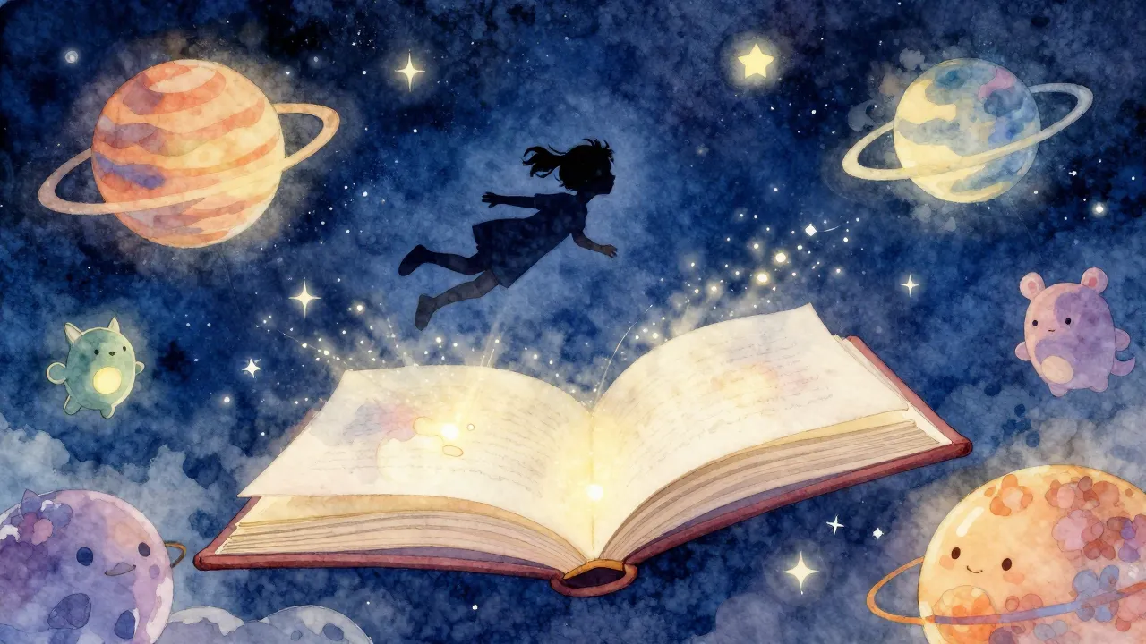 Watercolor style. A silhouette of a child flying on a giant ...