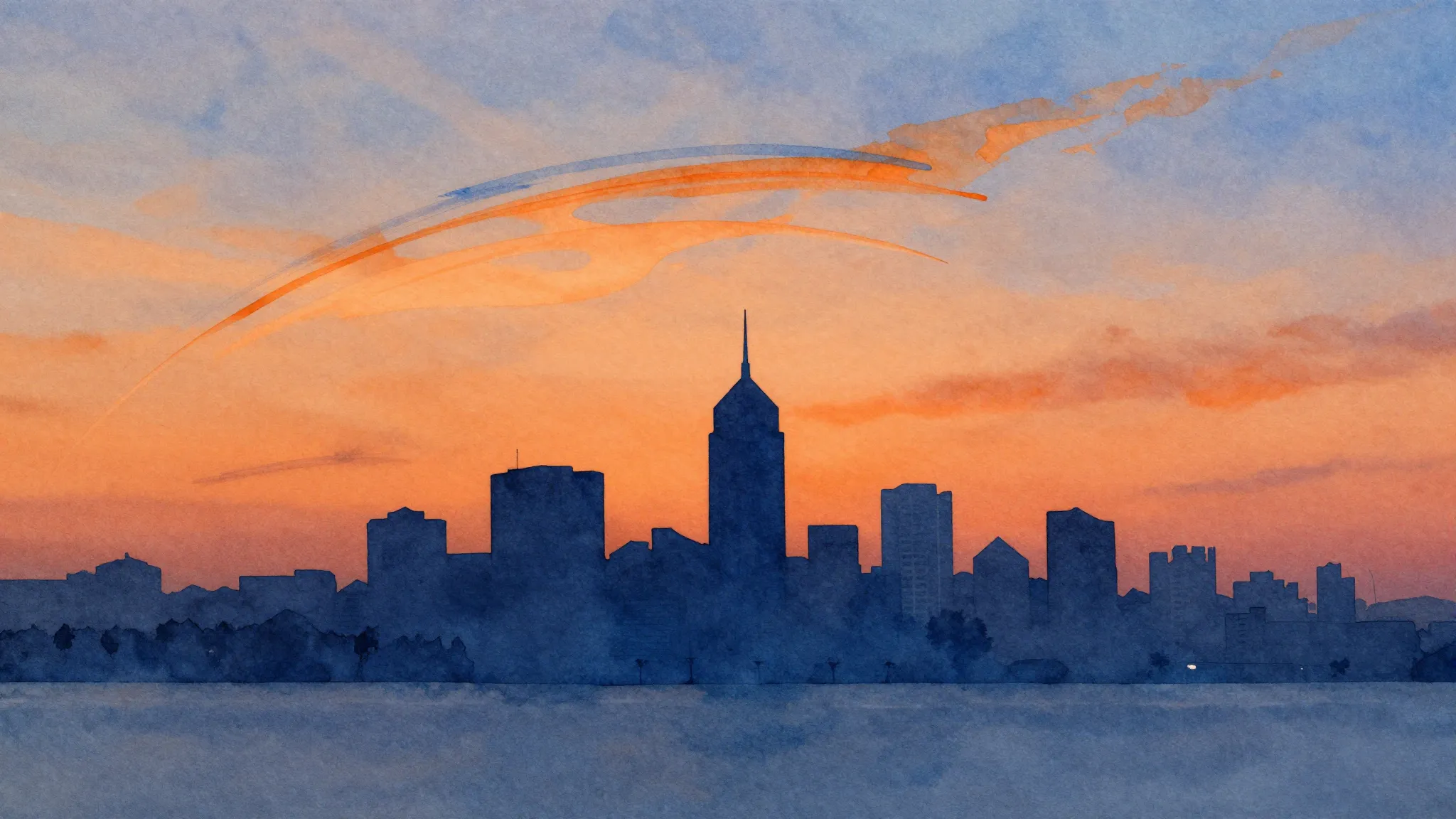 Watercolor style. Abstract sunrise over a modern minimalist ...