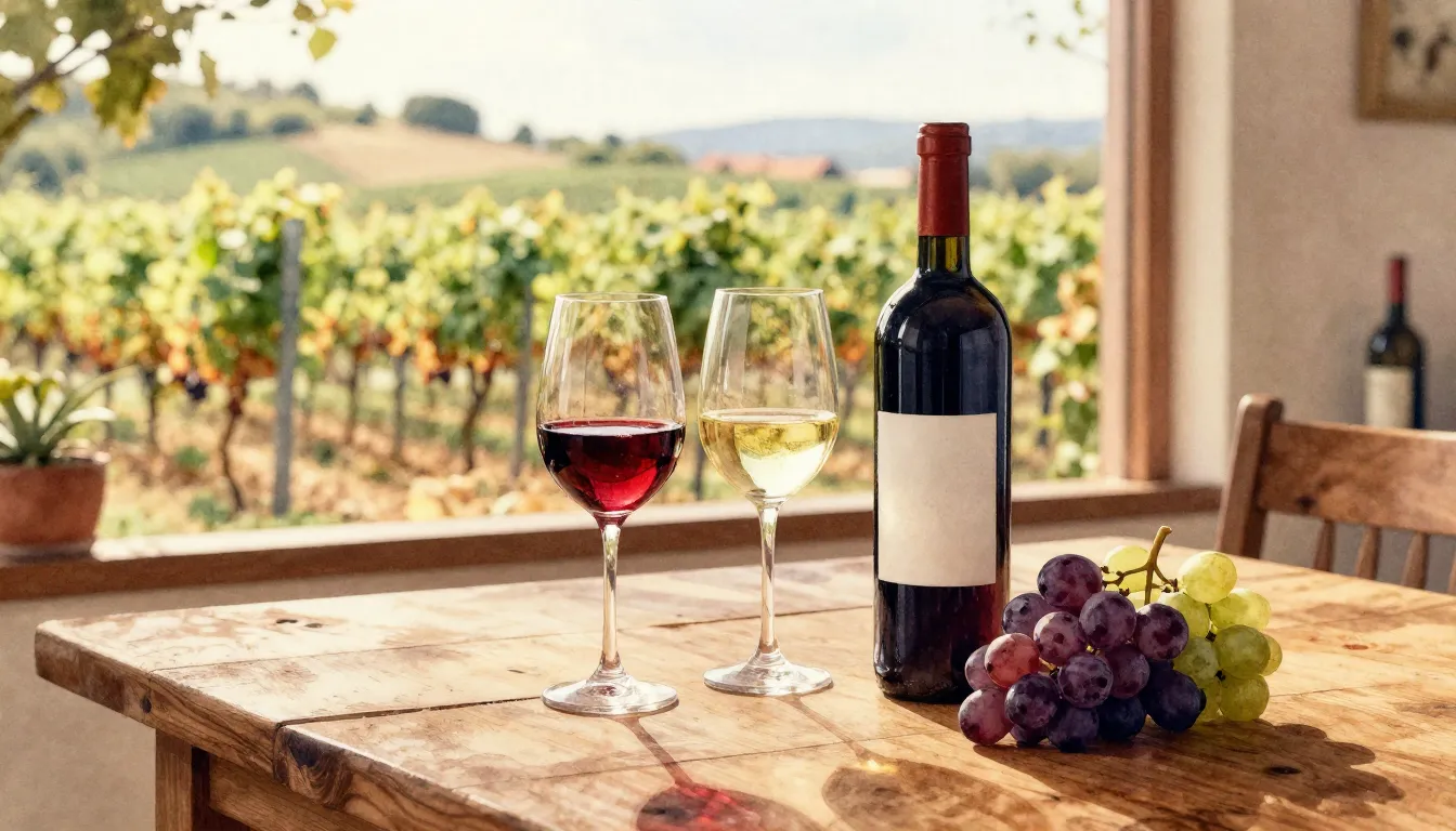 Watercolor style. A cozy wooden table with several glasses o...