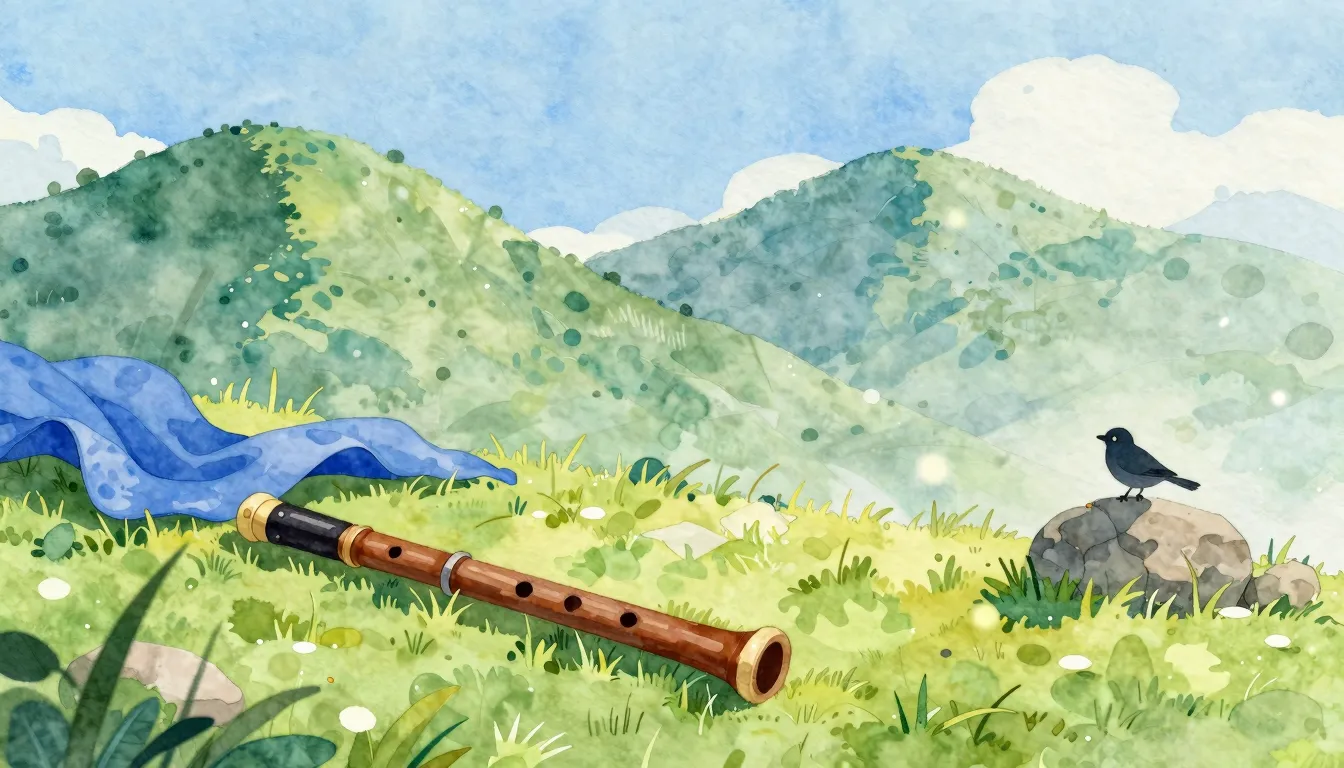 Watercolor style. A bright morning in the green mountains, a...