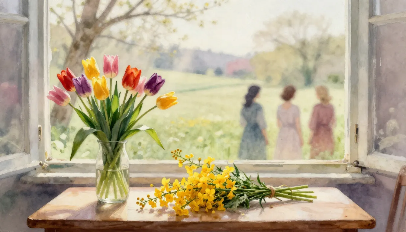 Watercolor style. Spring landscape, gentle sun rays through ...