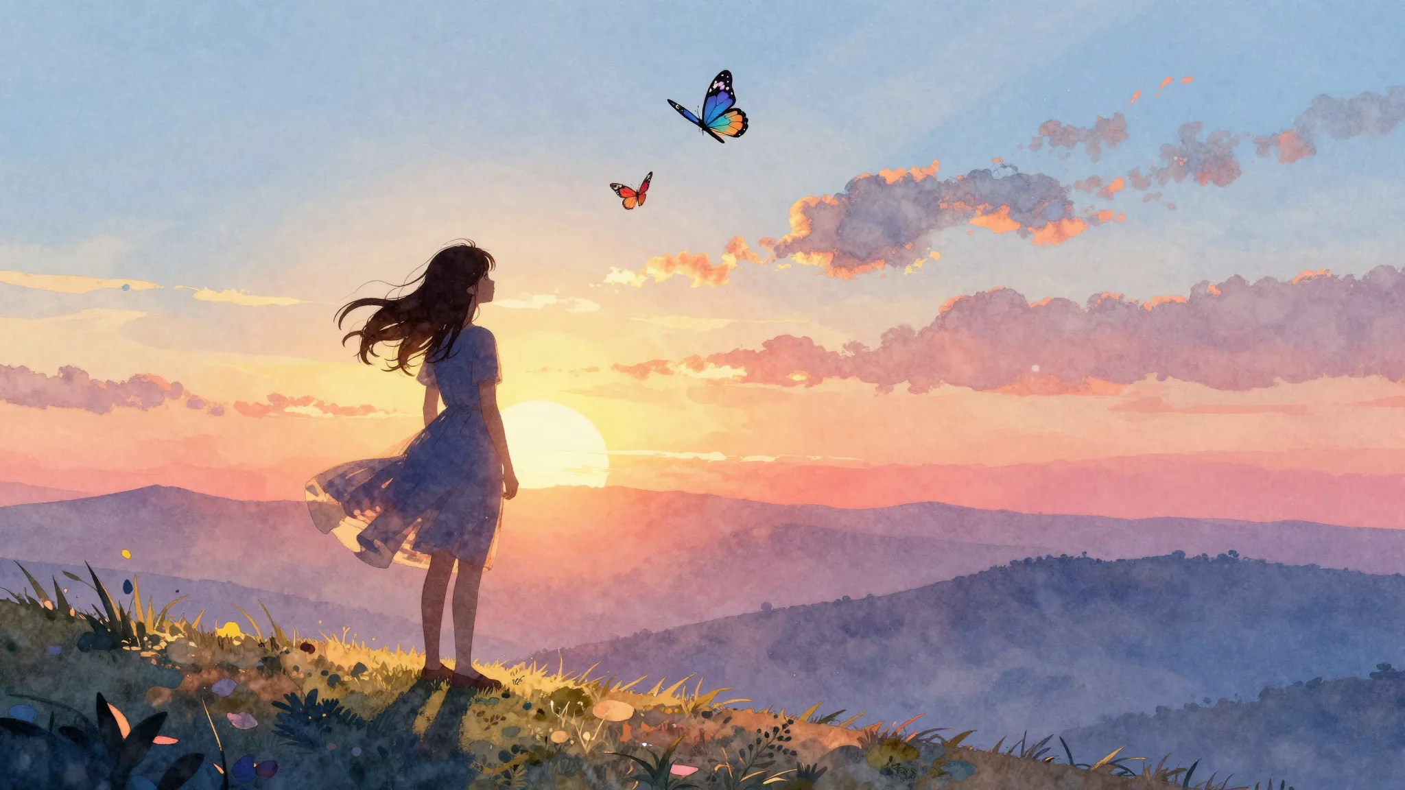 Watercolor style. A silhouette of a girl in a flowing dress ...