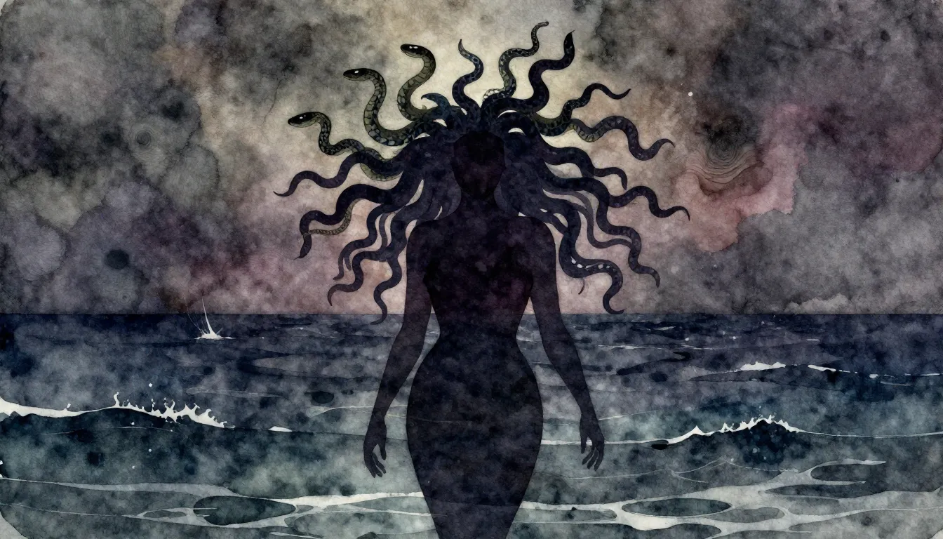 Vibrant watercolor style. Folk album cover: Medusa's silhoue...