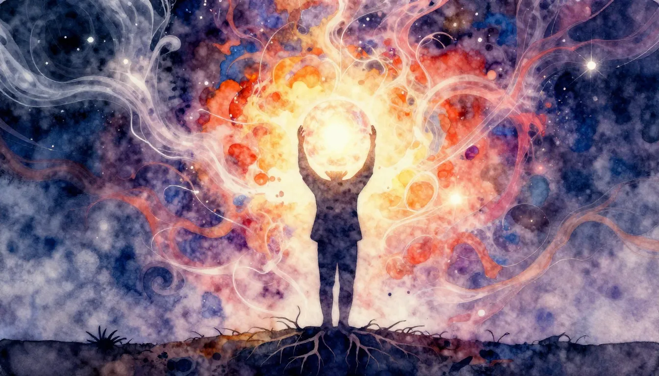 Watercolor style. A silhouette of a person holding a glowing...