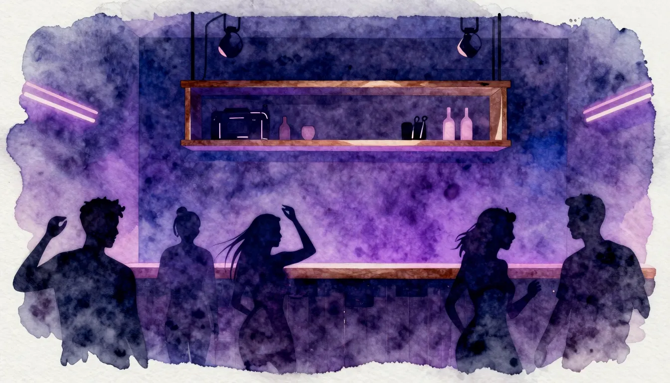 Watercolor style. Neon lights of a modern night club interio...