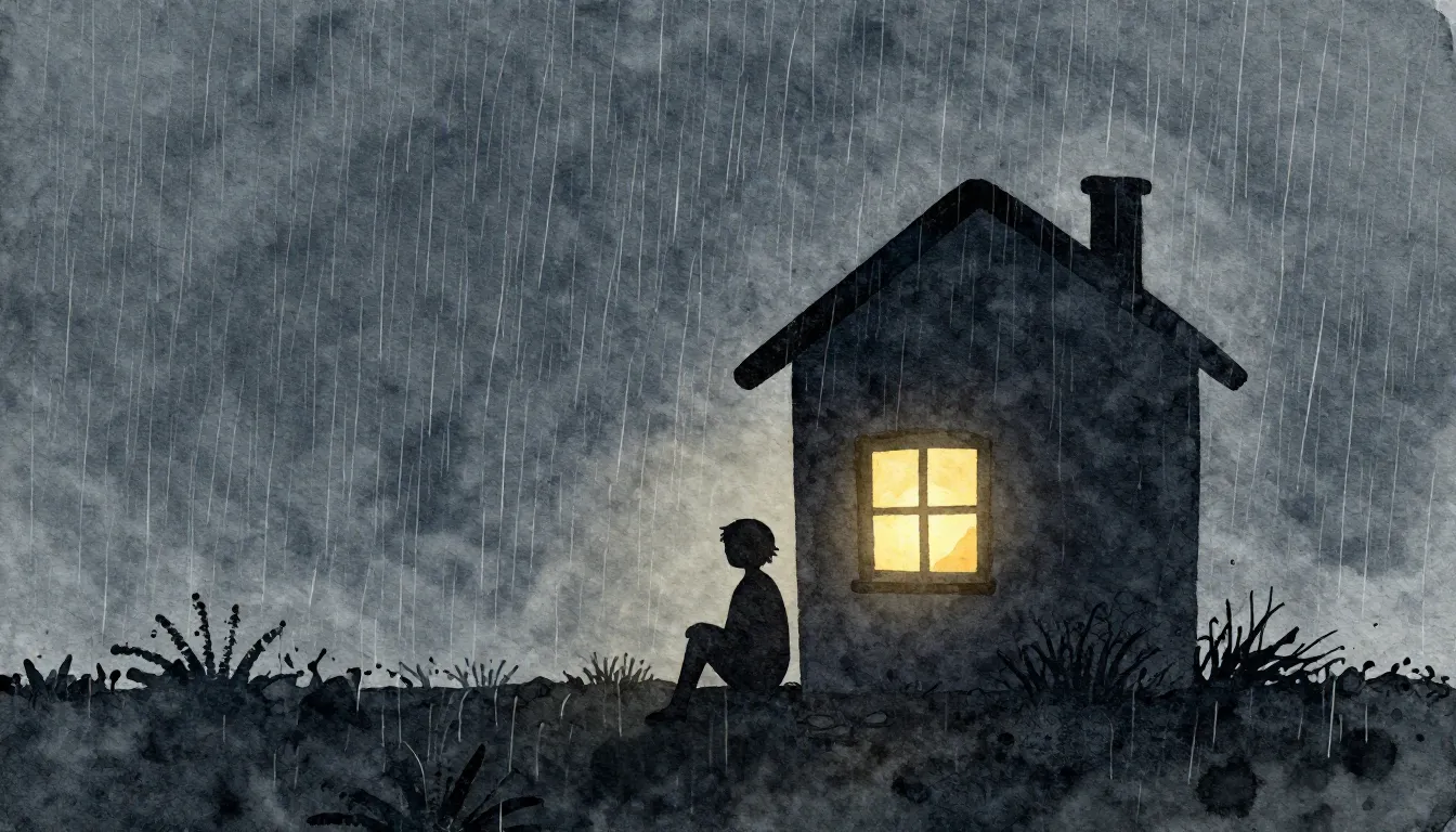 Watercolor style. A dark silhouette of a person sitting near...