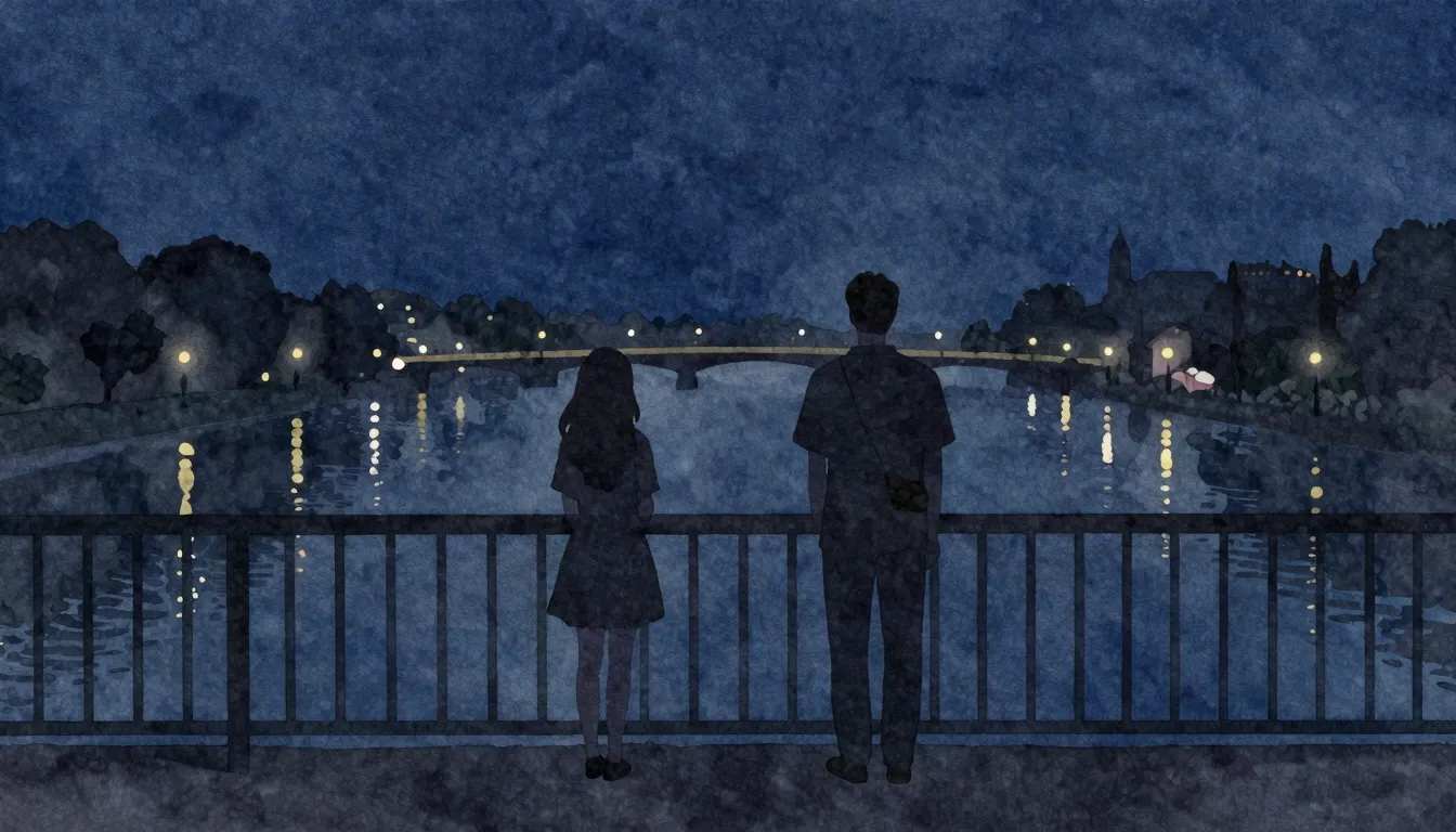 Watercolor style. Silhouette of a man and a girl standing on...