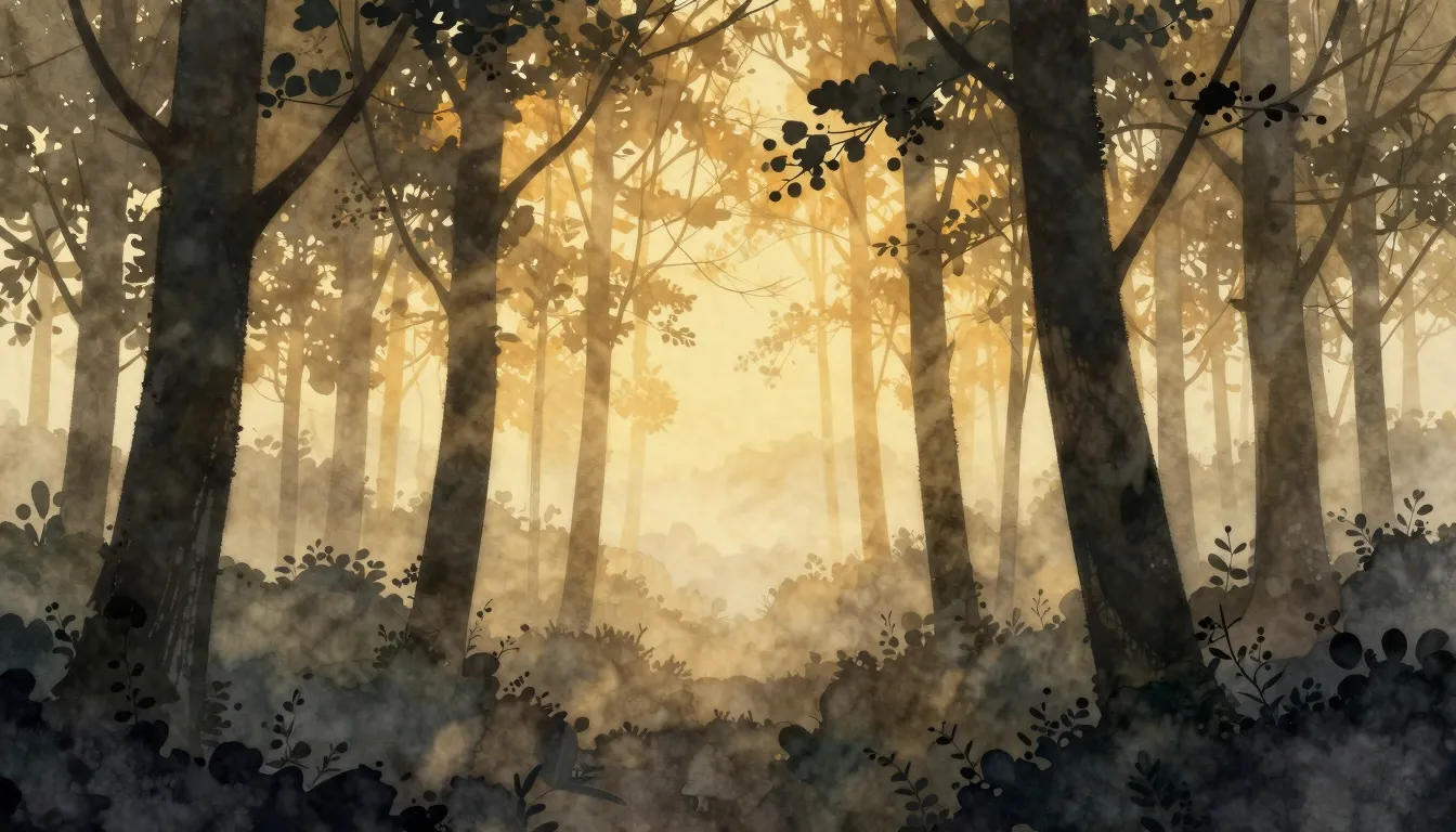 Watercolor style. Silhouette of a dense forest at sunrise, g...