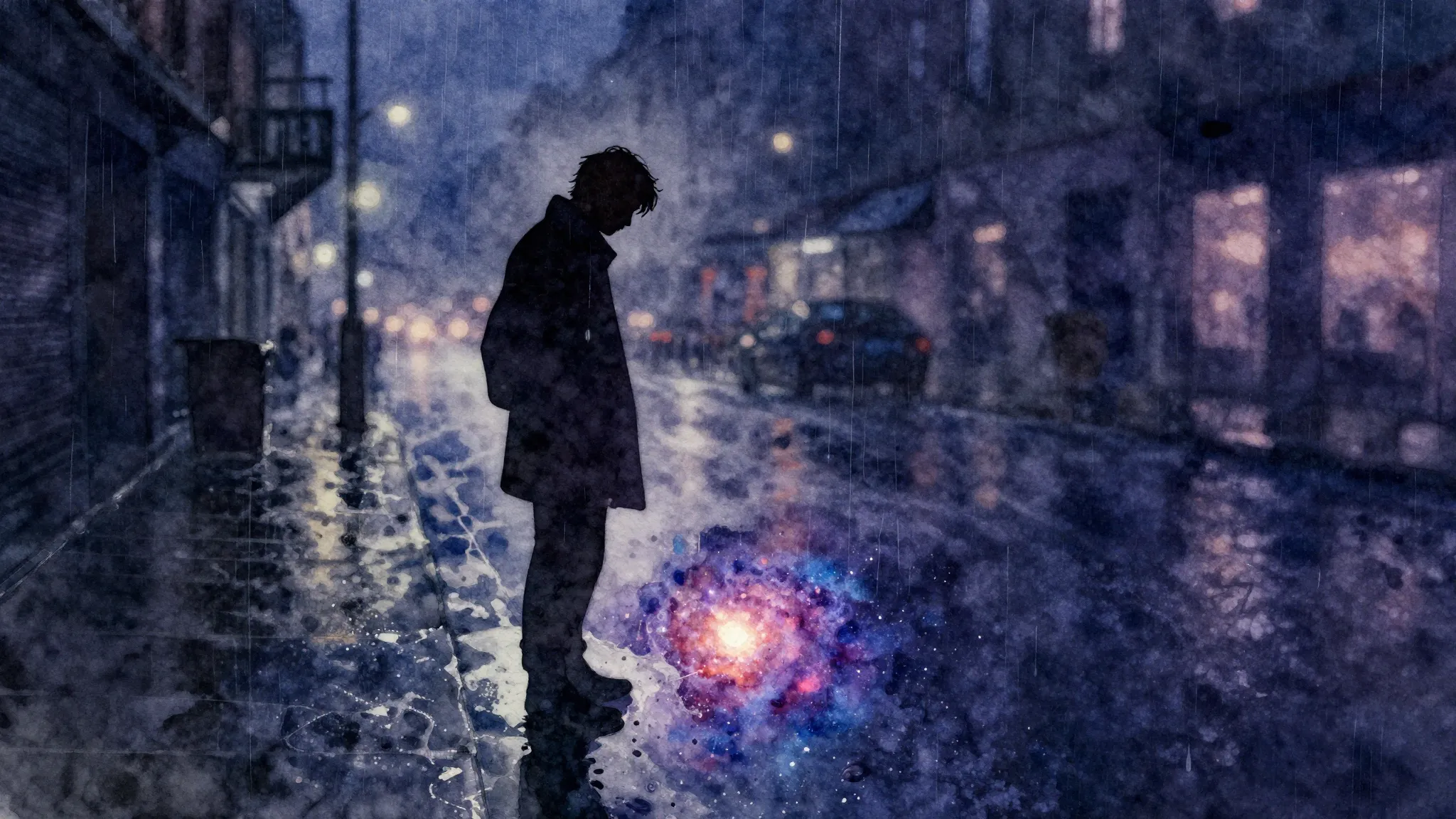 Watercolor style. A dark, atmospheric silhouette of a person...