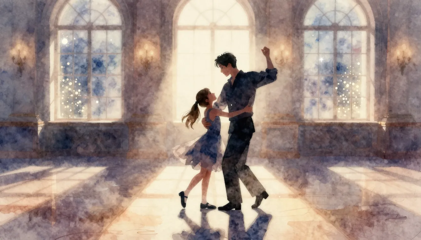 Watercolor style. A silhouette of a father and daughter danc...