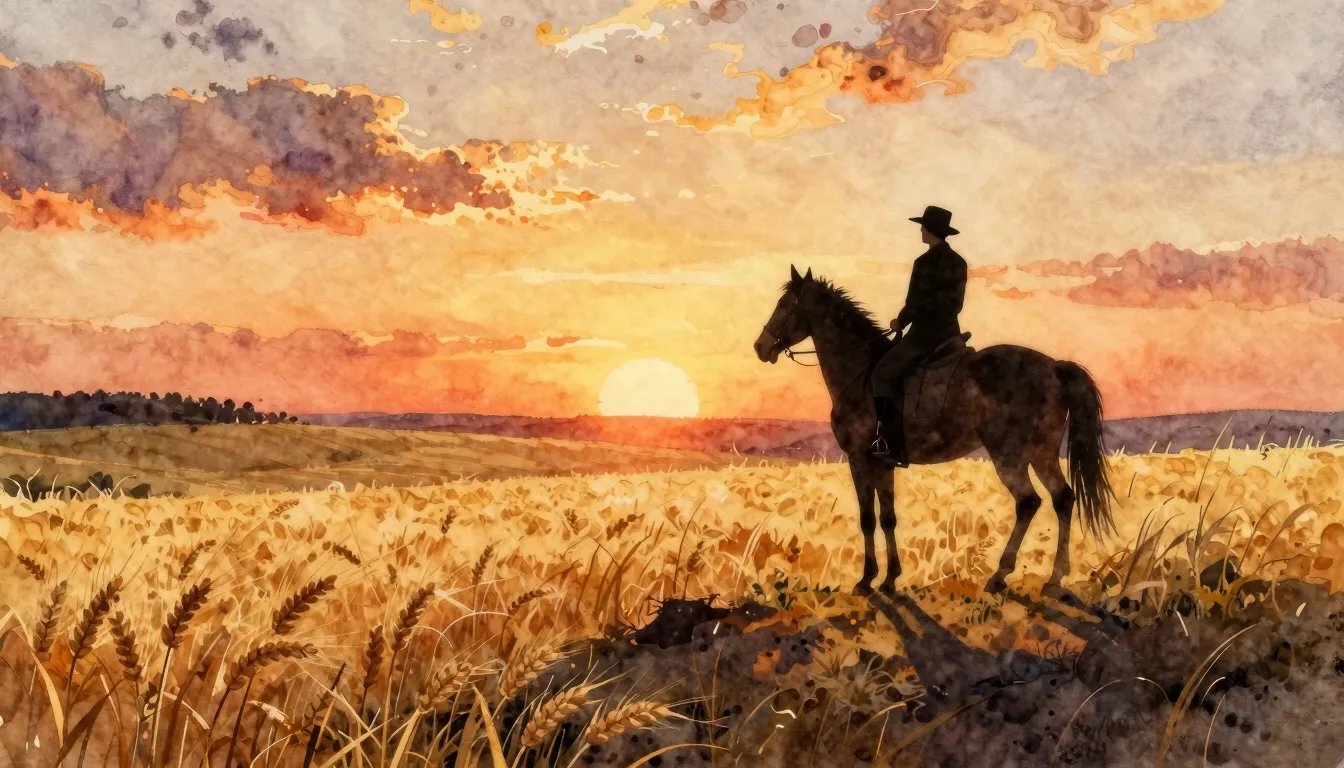 Watercolor style. A silhouette of a lone rider on a horse st...