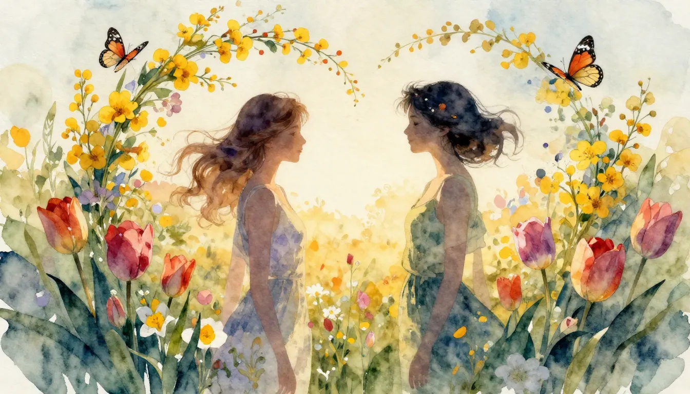 Watercolor style. Two elegant female silhouettes surrounded ...