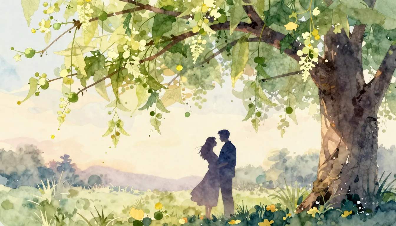 Watercolor style. A silhouette of a couple under a blooming ...