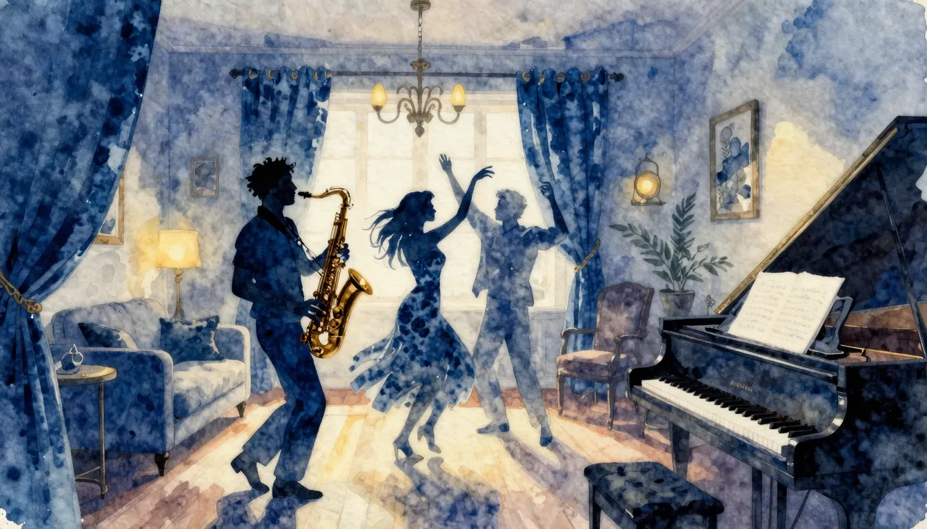 Vibrant watercolor style. Blues album cover, cozy home inter...