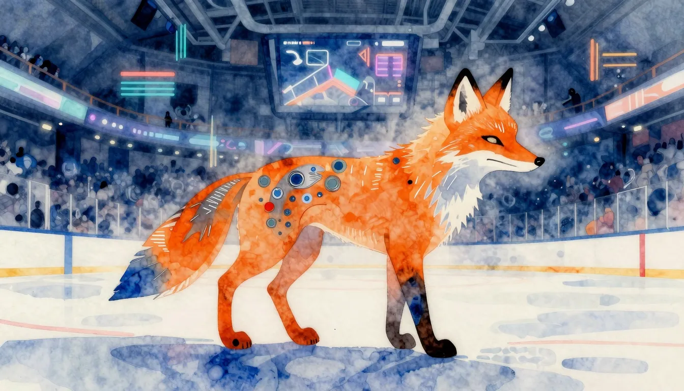 Watercolor style. Abstract neon fox silhouette in orange and...