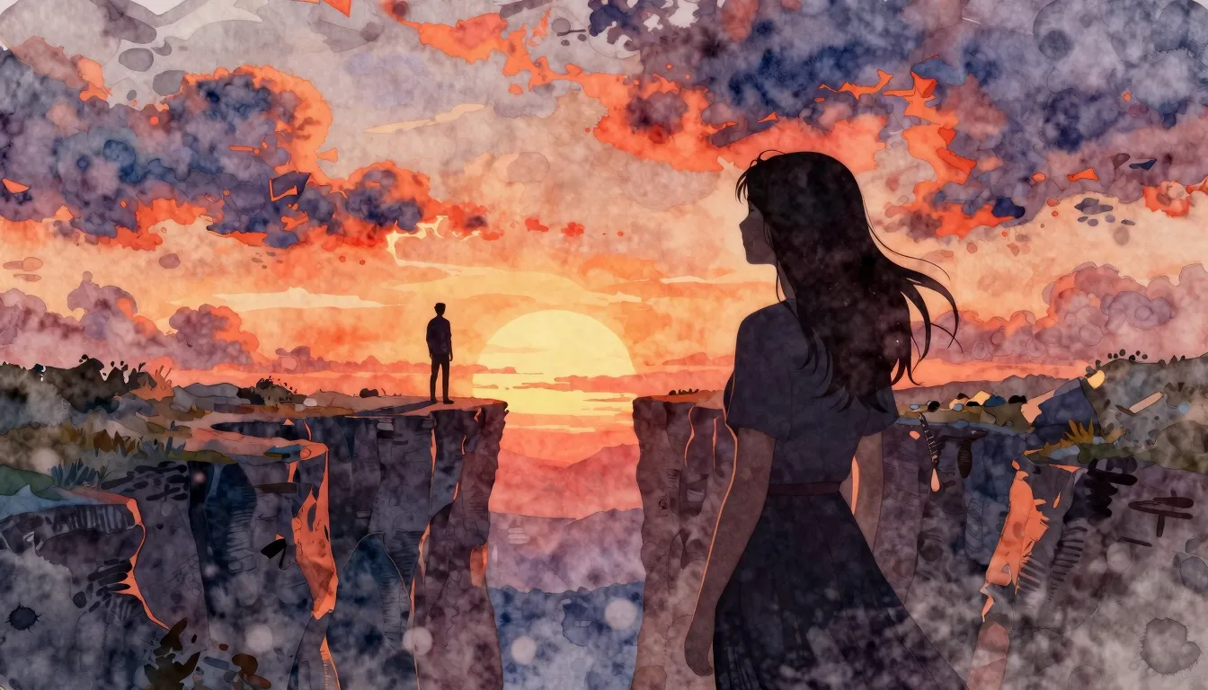 Watercolor style. A silhouette of a woman looking at a dista...