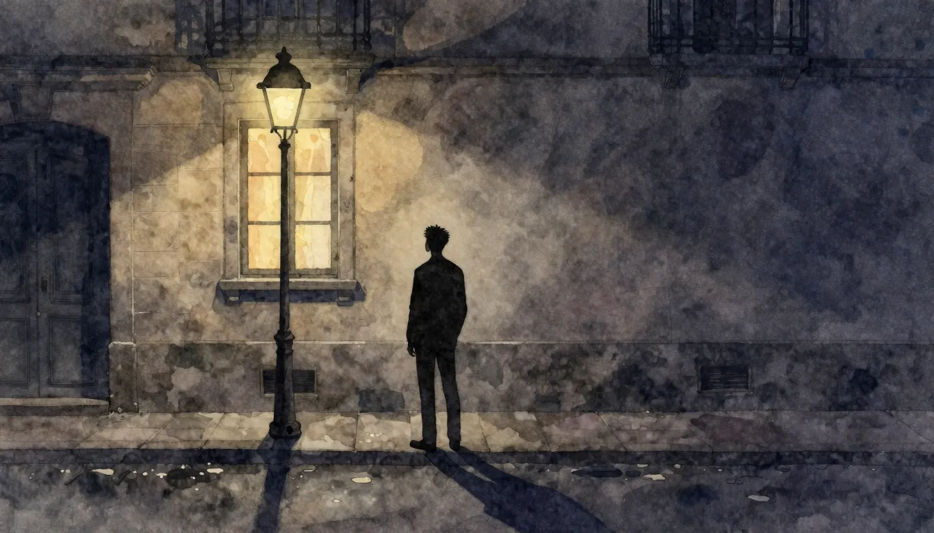 Watercolor style. A silhouette of a man standing alone on a ...