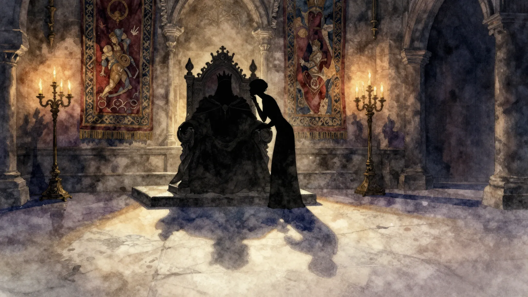 Watercolor style. A grand throne room in a medieval castle, ...