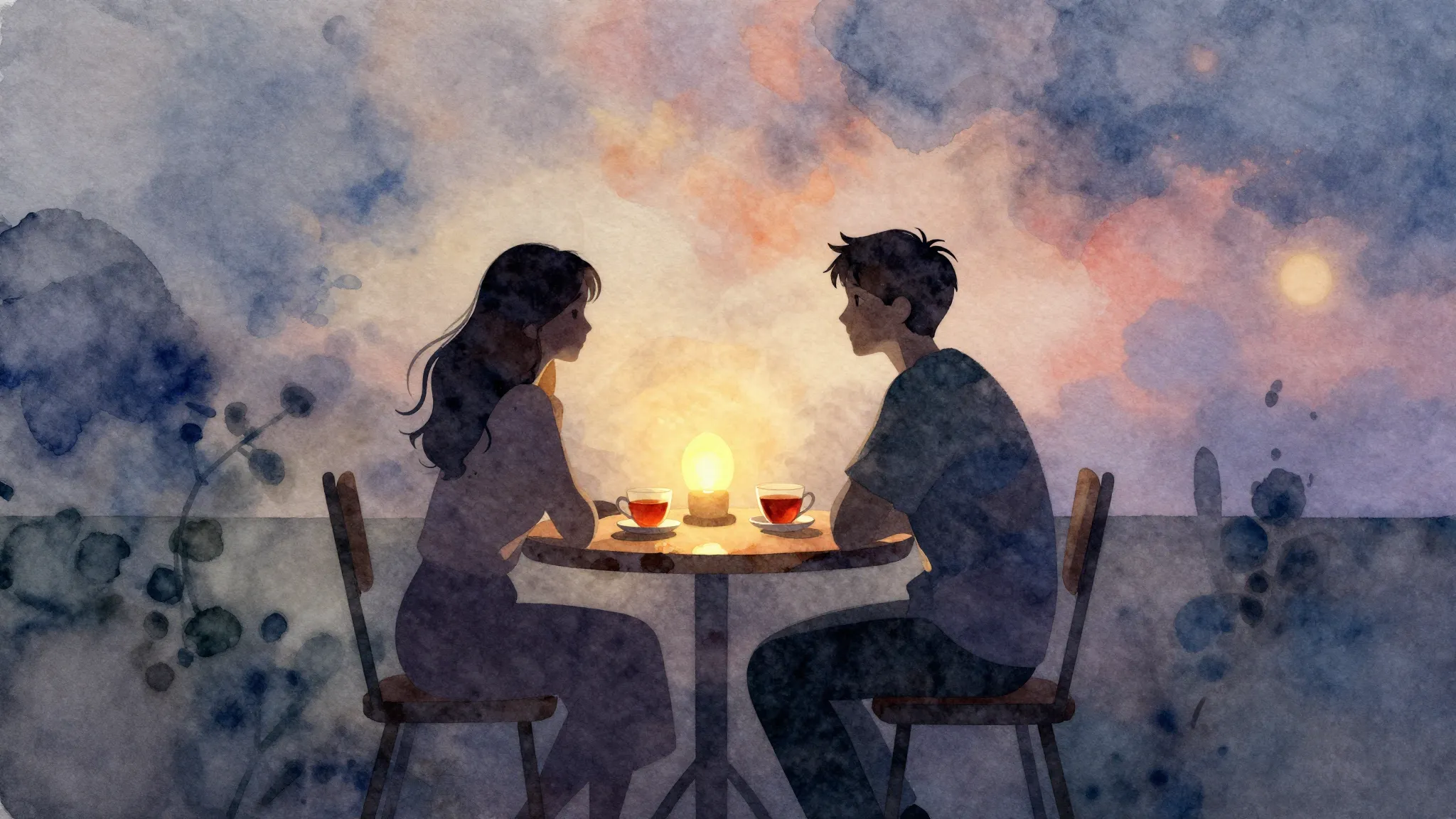 Watercolor style. A cozy evening scene with two silhouettes ...