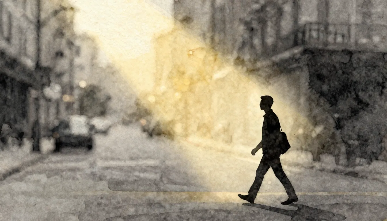Watercolor style. A silhouette of a man walking on a gray, b...