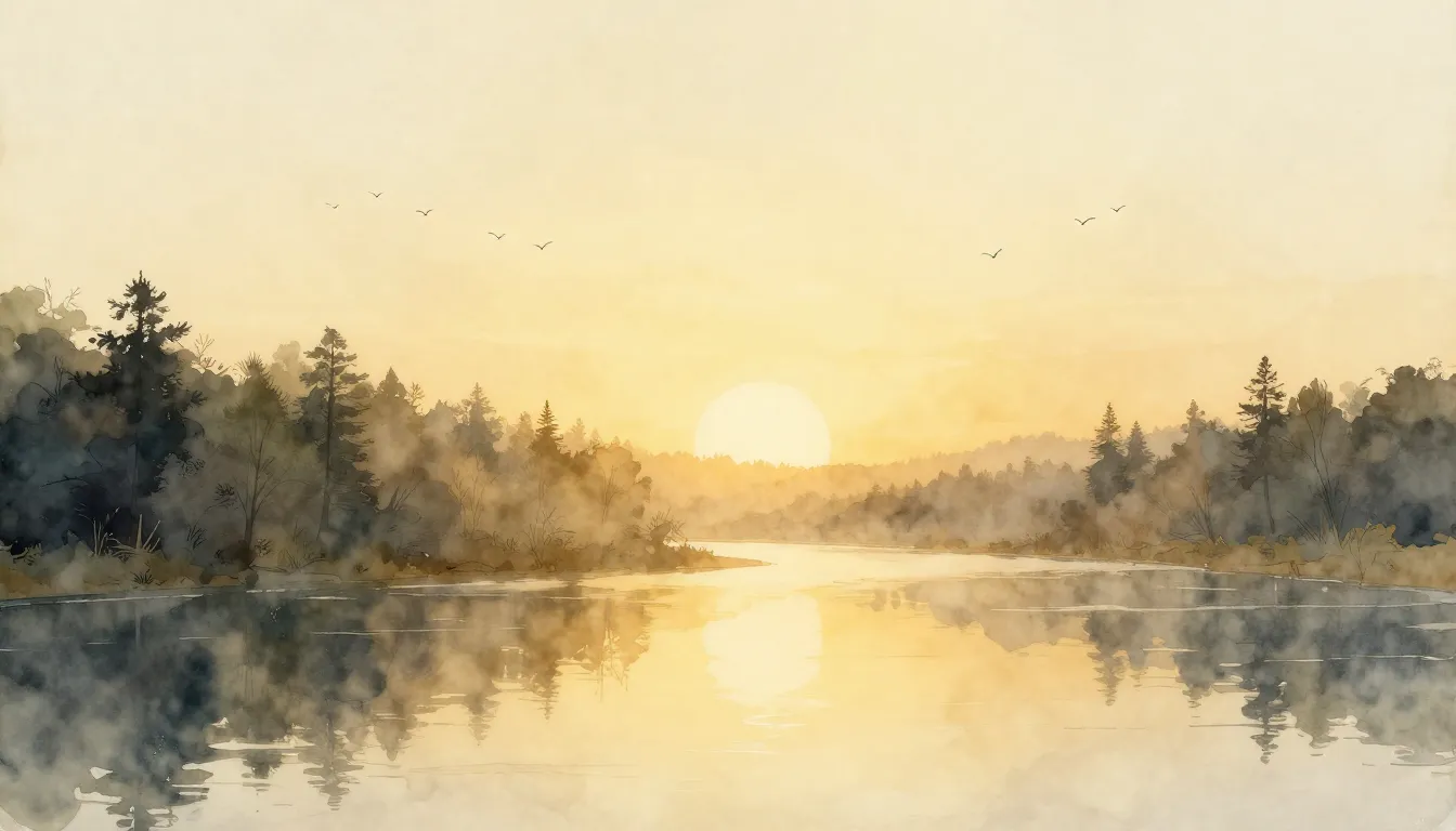 Watercolor style. Golden sunrise over a calm river, silhouet...
