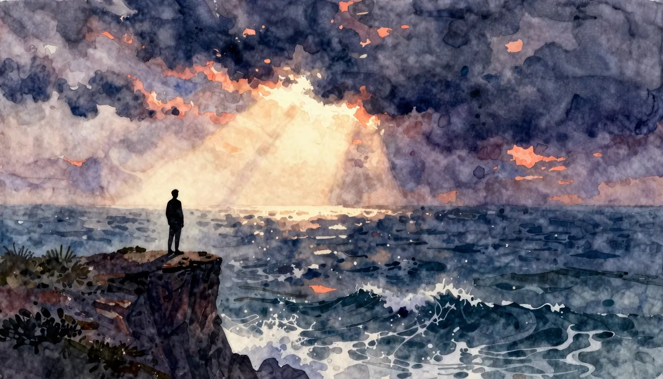 Vibrant watercolor style. A silhouette of a person standing ...