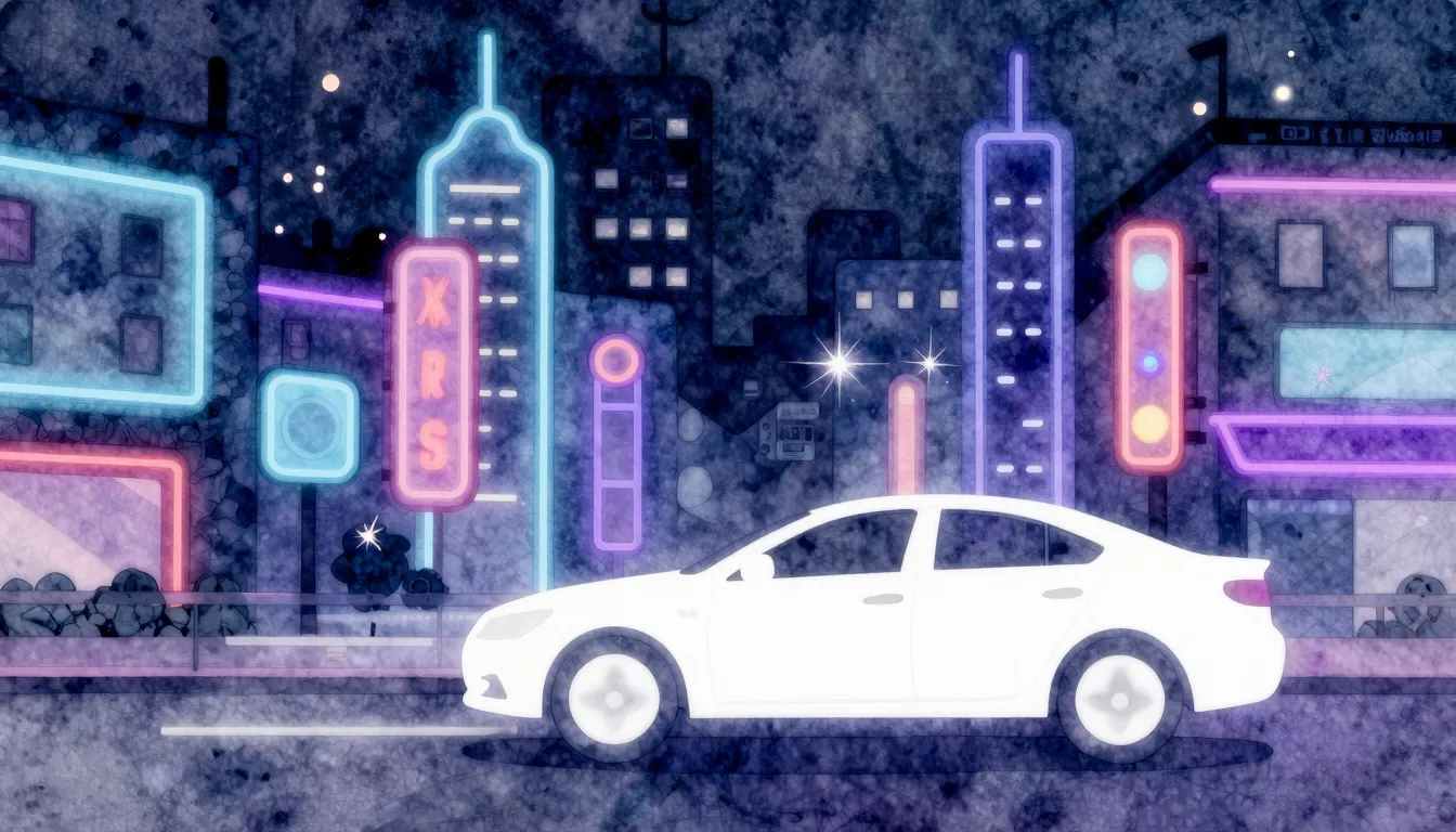 Watercolor style. Abstract neon glowing signs in a dark city...