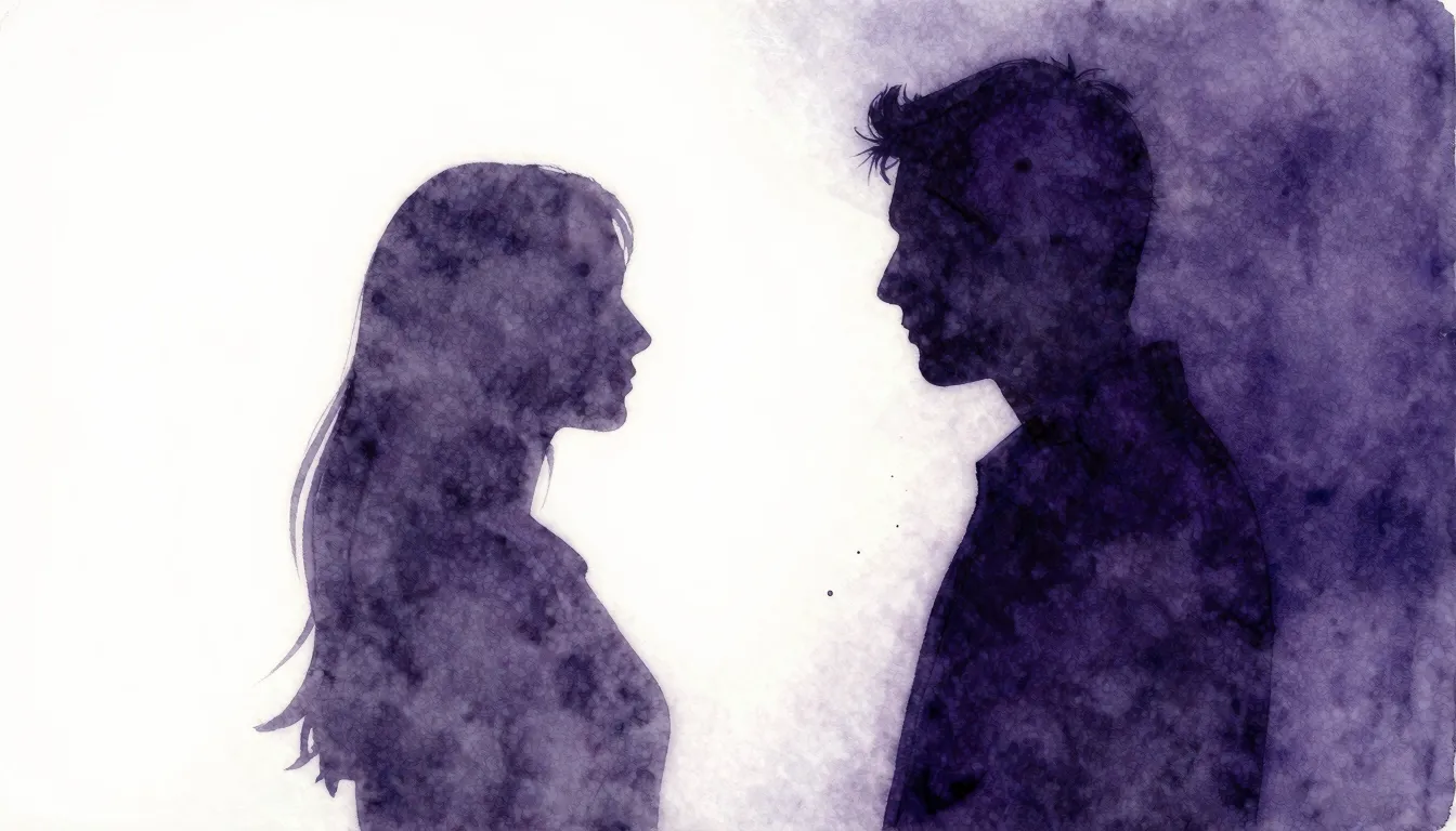 Watercolor style. Two silhouettes facing each other in a dra...