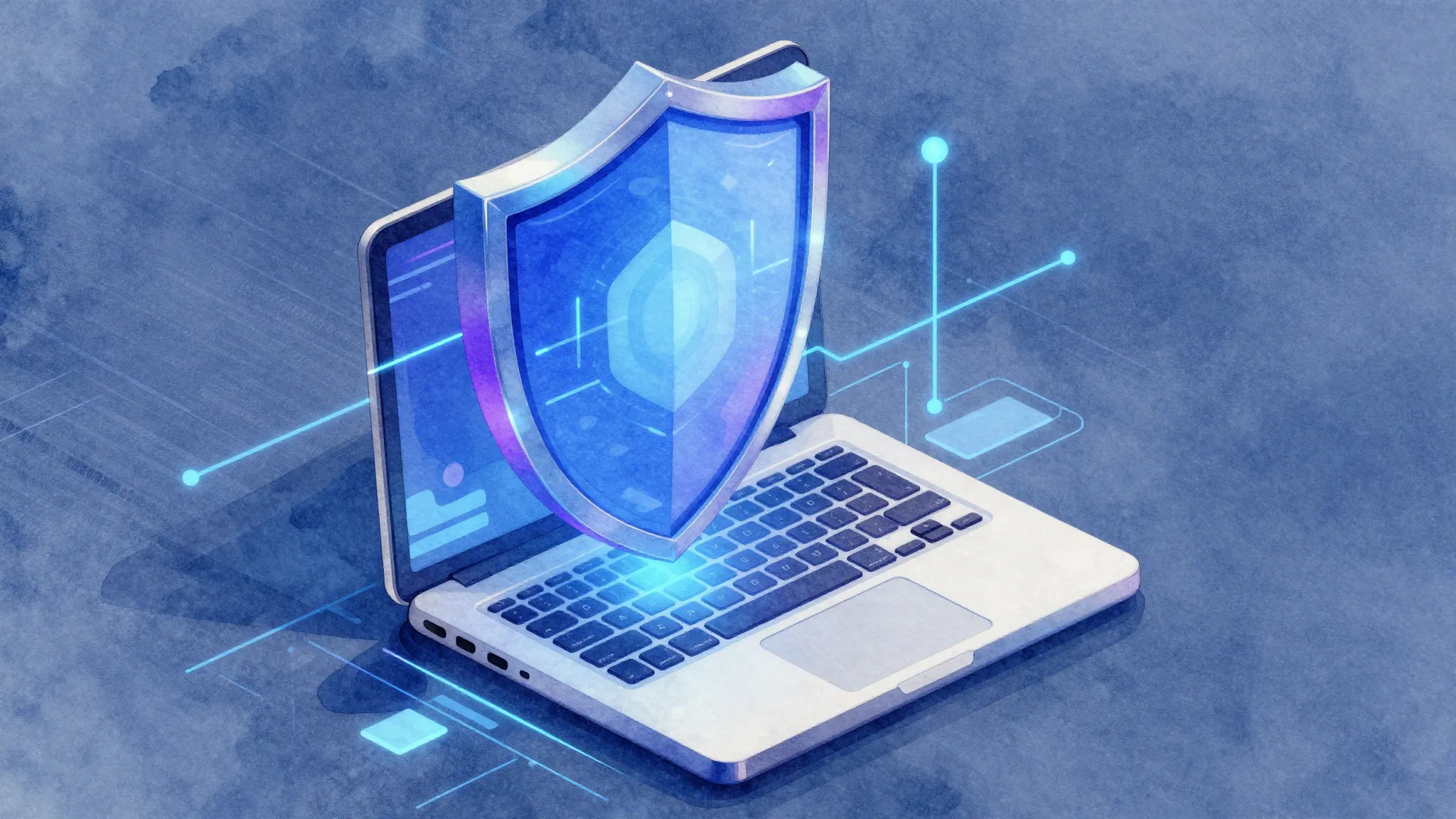 Watercolor style. A stylized digital shield protecting a lap...