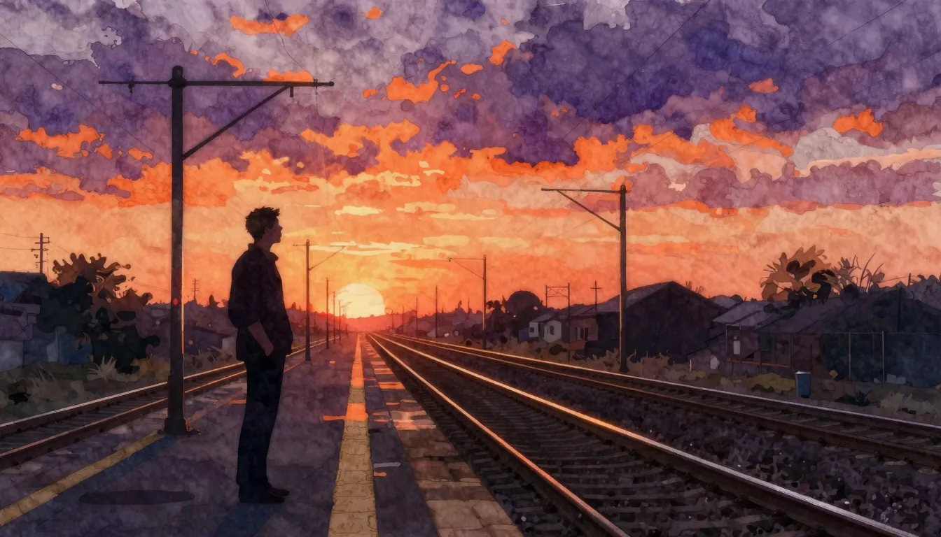 Watercolor style. A silhouette of a man standing on a railwa...