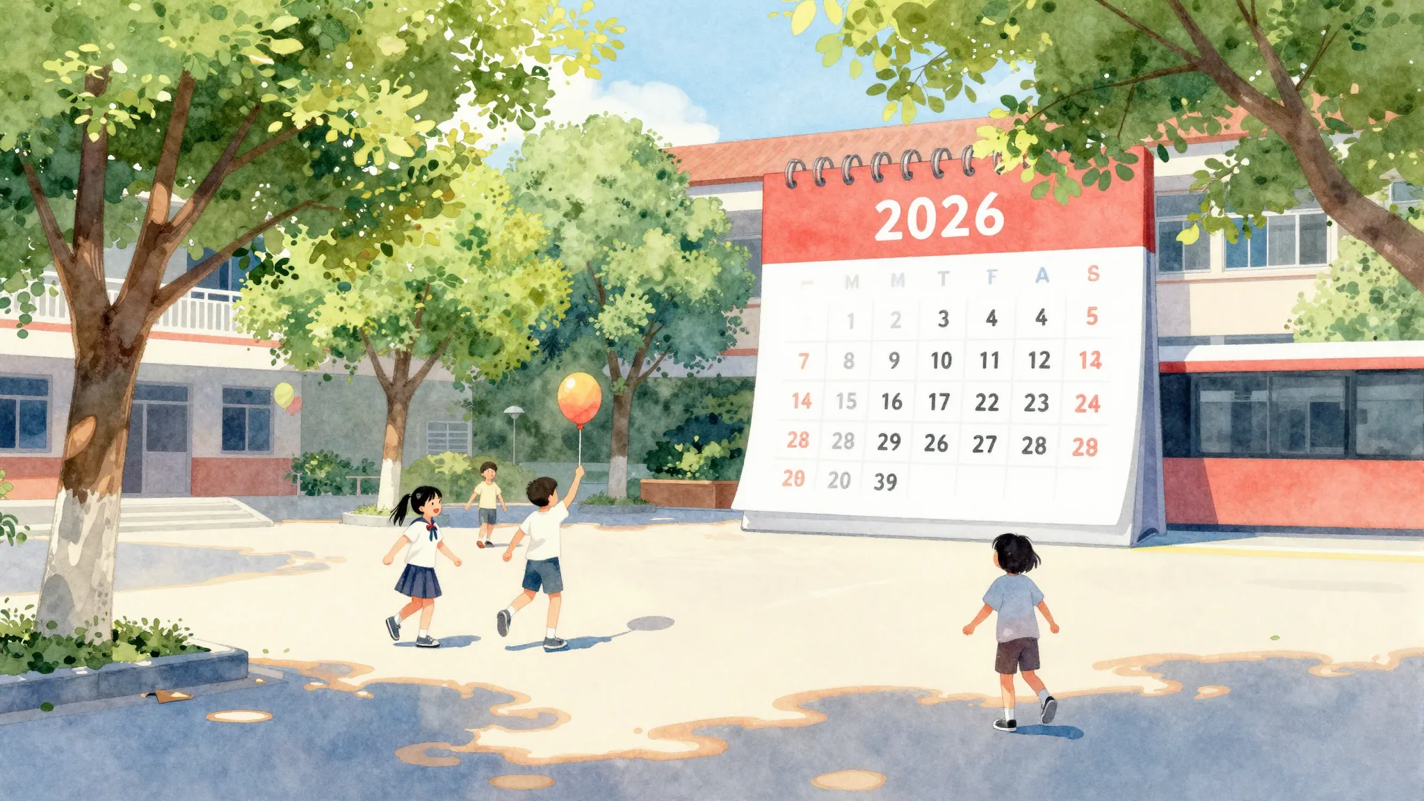 Watercolor style. A bright and sunny school courtyard with g...