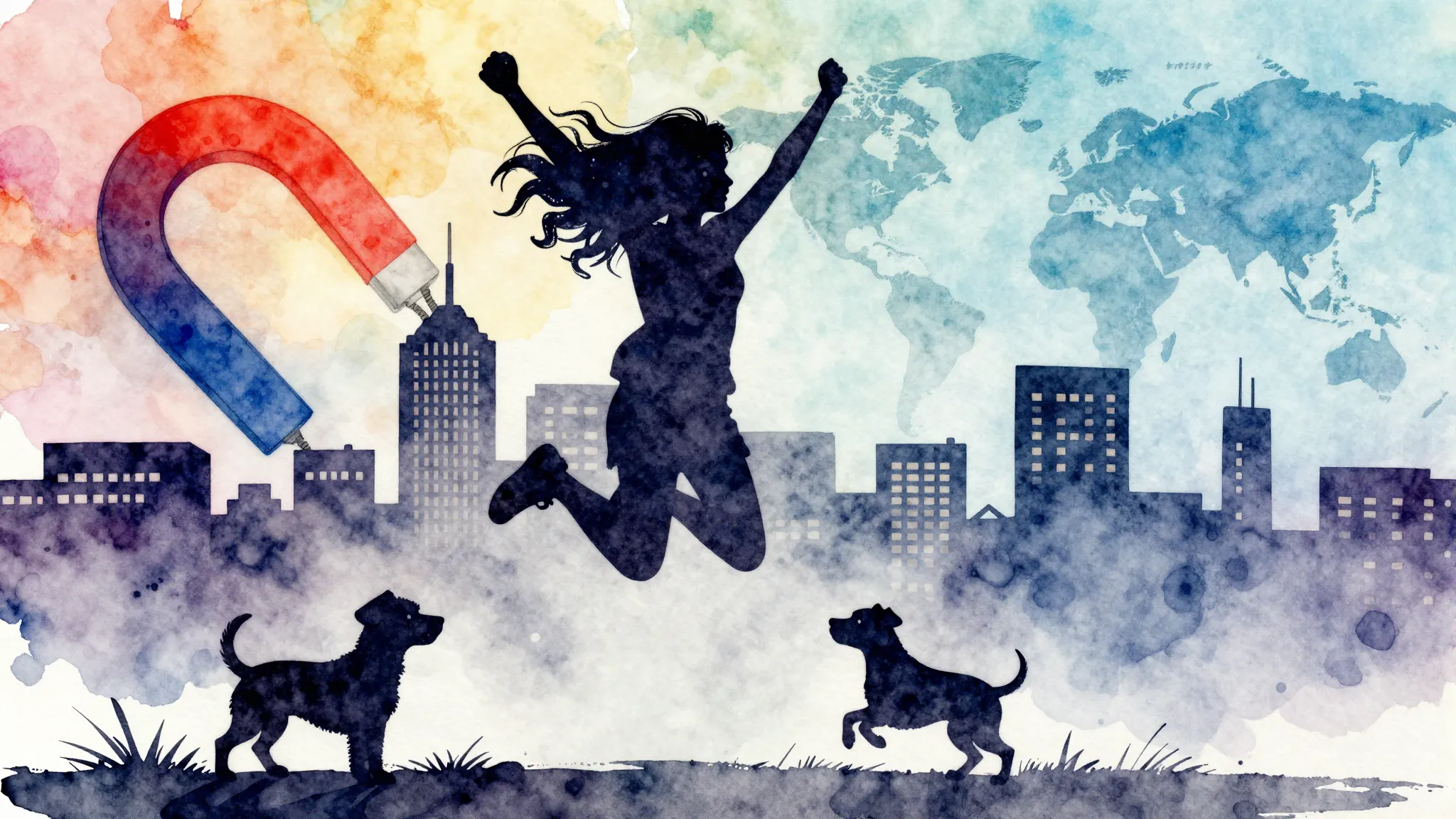 Watercolor style. A silhouette of a young girl with curly ha...