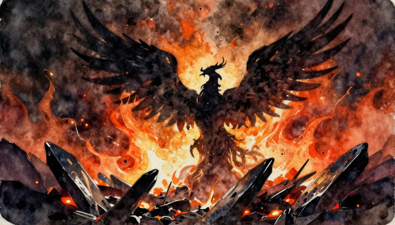 Vibrant watercolor style. Metal album cover, dark, fiery, ab...