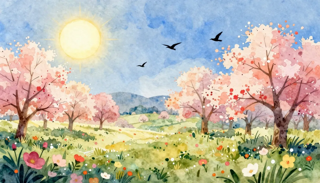 Watercolor style. A beautiful spring landscape with a bright...