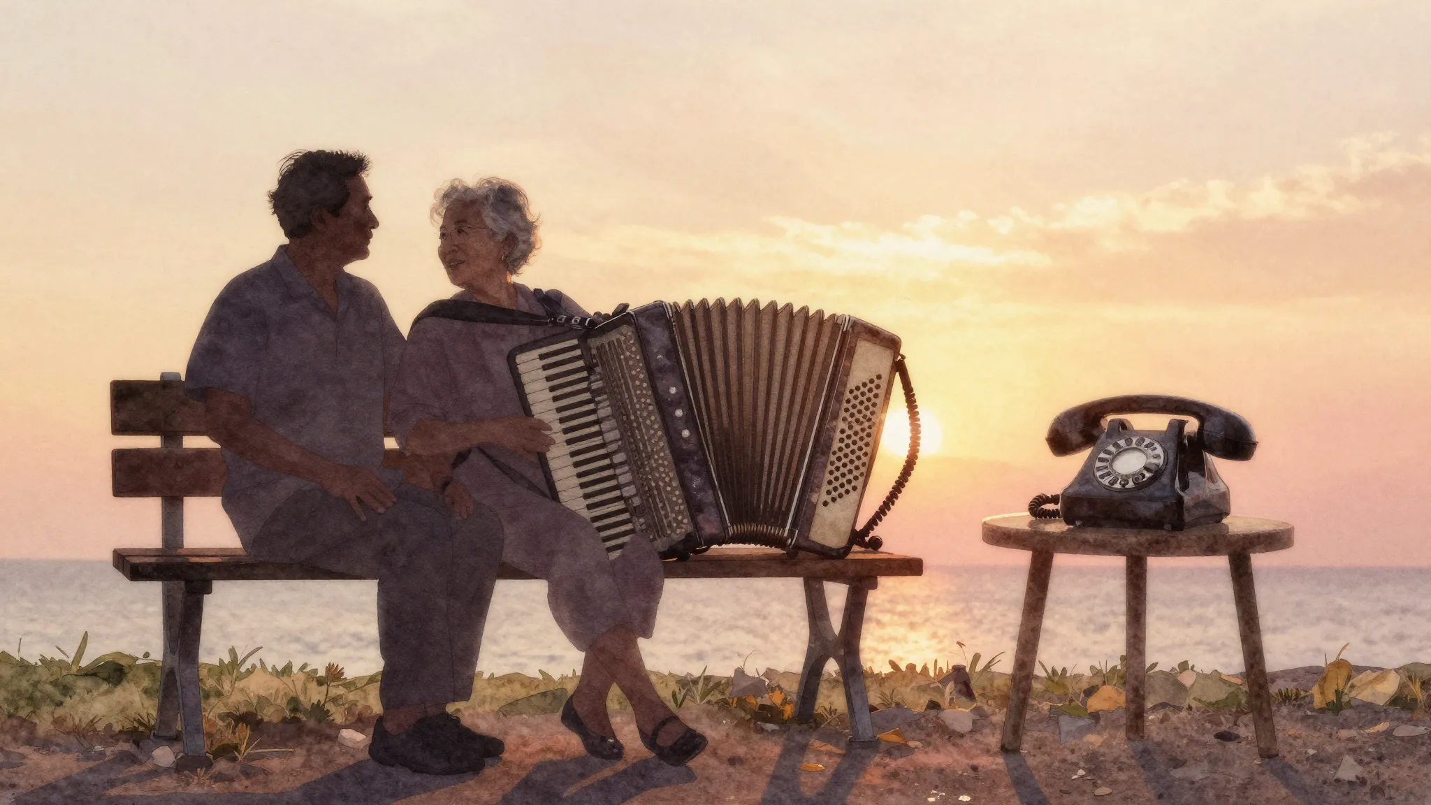 Watercolor style. A warm silhouette of an elderly couple sit...