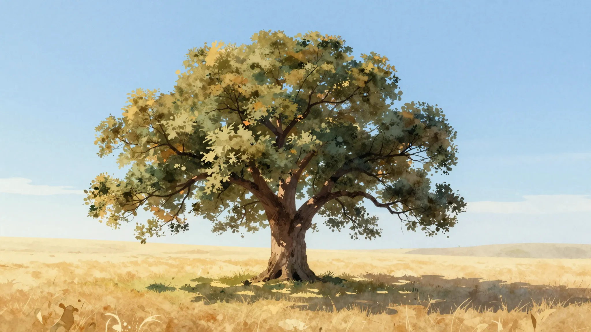 Watercolor style. A majestic old oak tree standing alone in ...