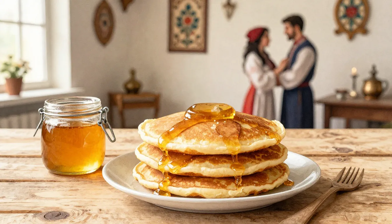 Watercolor style. A stack of golden Russian pancakes on a wo...