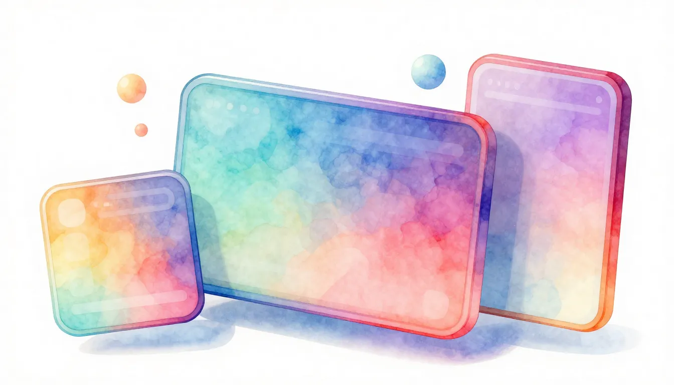 Watercolor style. Vibrant digital interface elements, floati...