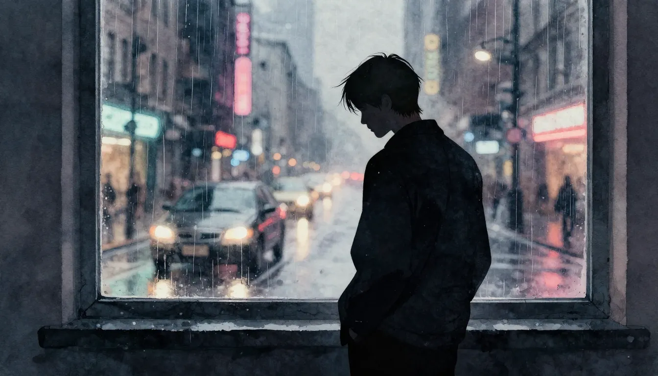 Watercolor style. A dark silhouette of a person standing by ...