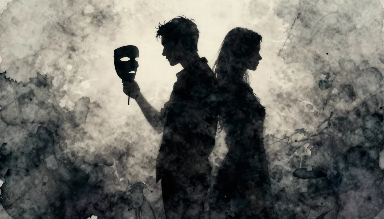 Watercolor style. Dark silhouettes of 2 figures standing bac...