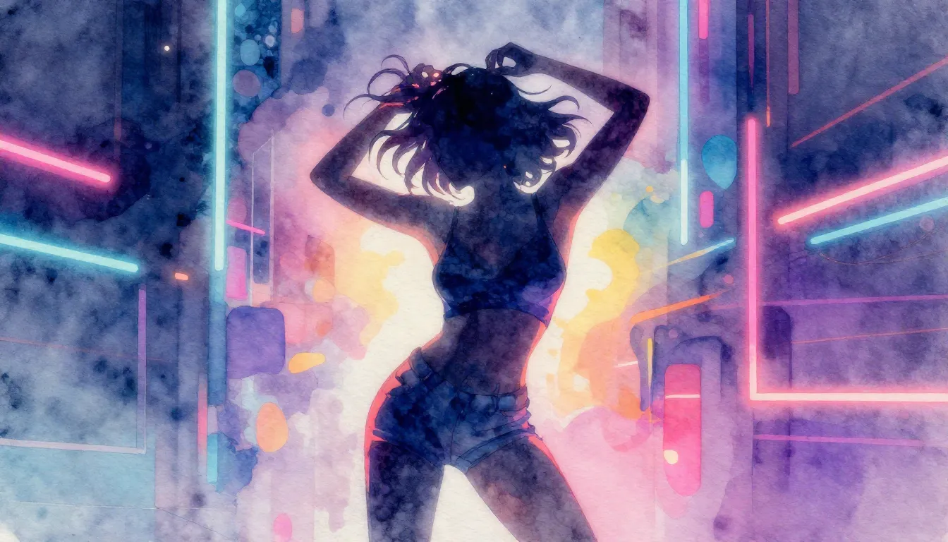 Watercolor style. Silhouette of a dancing woman with glowing...