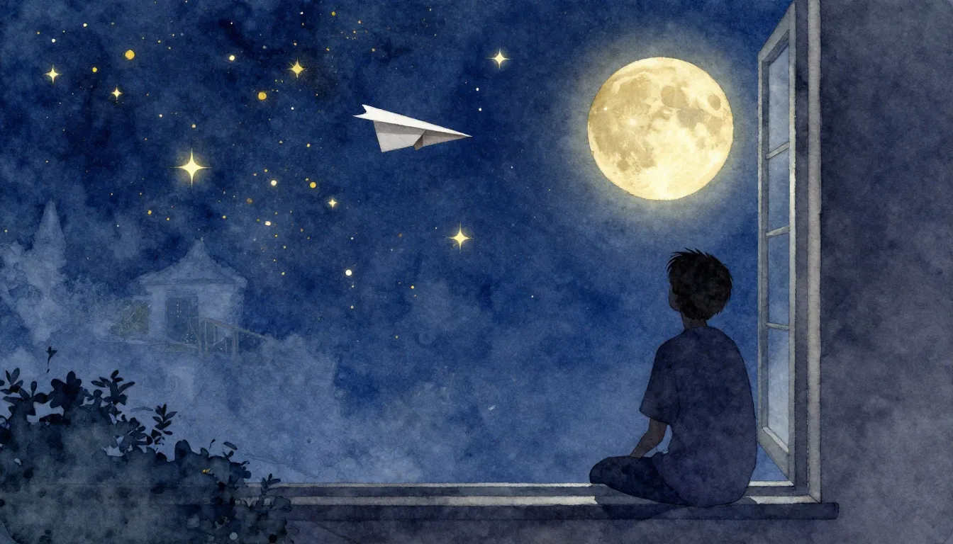 Watercolor style. A silhouette of a person sitting by a wind...