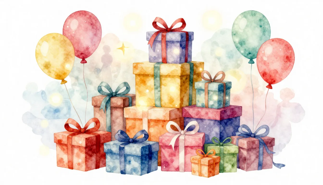 Watercolor style. A festive composition with a stack of colo...