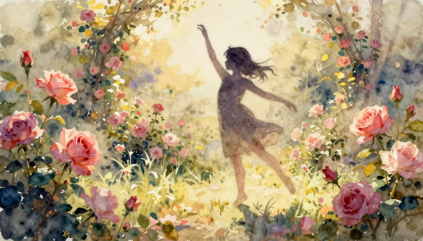 Watercolor style. Silhouette of a small girl dancing in a su...