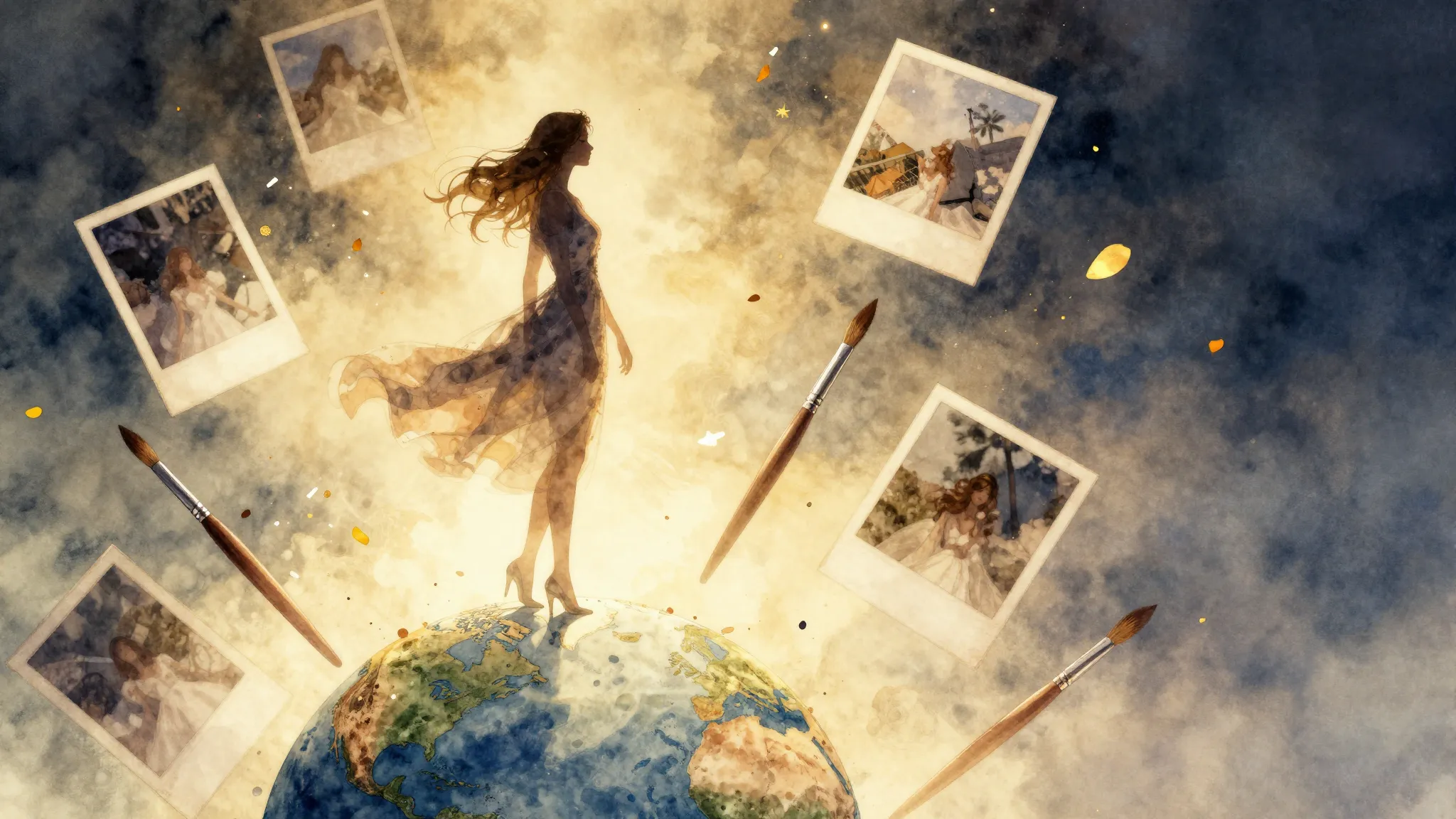 Watercolor style. A beautiful silhouette of a woman in a flo...